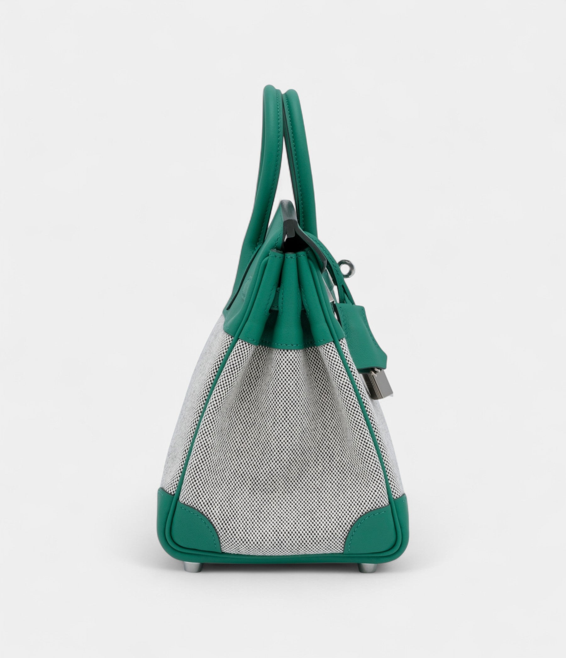 Hermès Vert Vertigo Swift and Ecru and Black Toile Verso Quadrille Birkin 25 Palladium Hardware