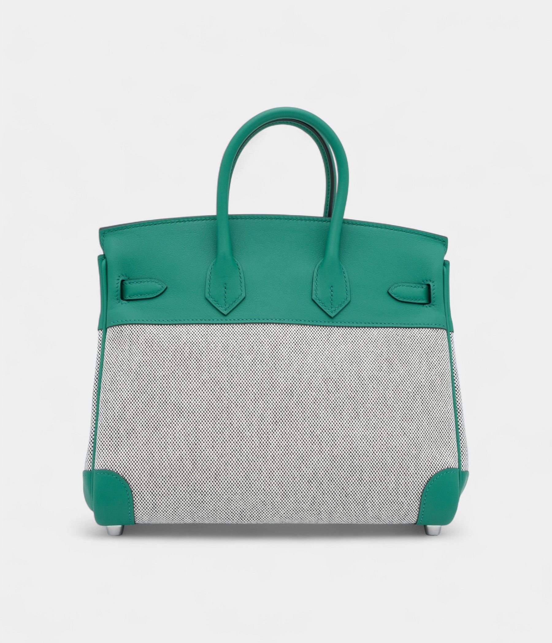 Hermès Vert Vertigo Swift and Ecru and Black Toile Verso Quadrille Birkin 25 Palladium Hardware