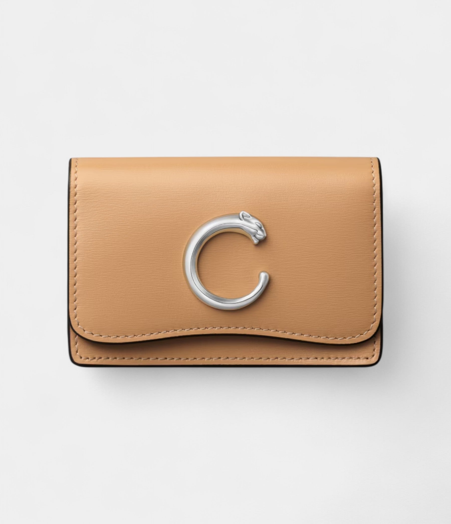 Panthère C De Cartier Business Card Holder With Zipper Camel Beige Calfskin