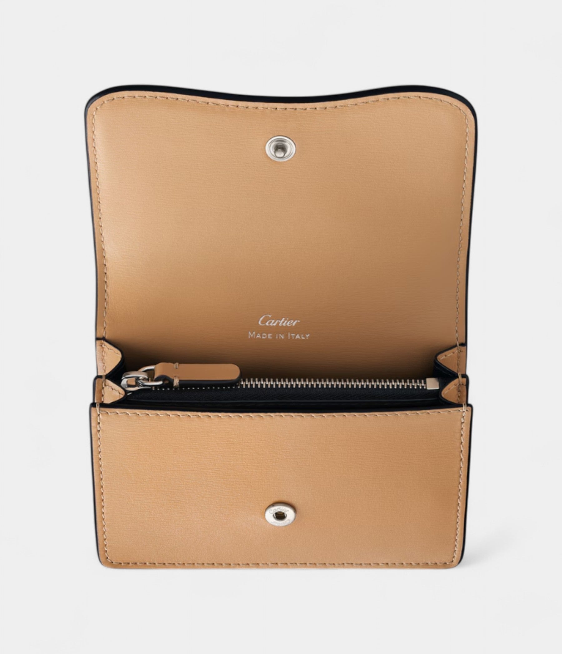Panthère C De Cartier Business Card Holder With Zipper Camel Beige Calfskin