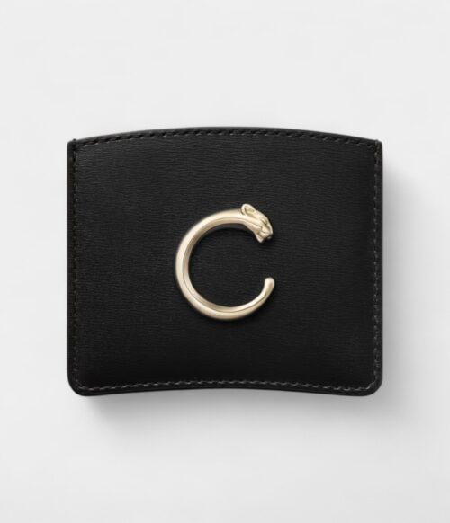 Panthère C De Cartier Simple Card Holder Black Calfskin With Golden Finish
