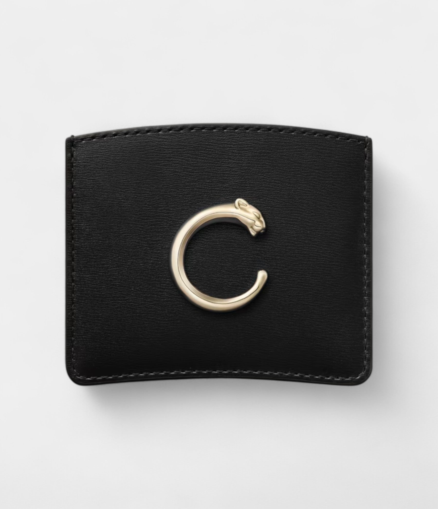 Panthère C De Cartier Simple Card Holder Black Calfskin With Golden Finish