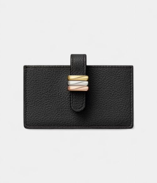 Trinity Accordion Card Holder Black Grained Calf Leather With Decorative Rings
