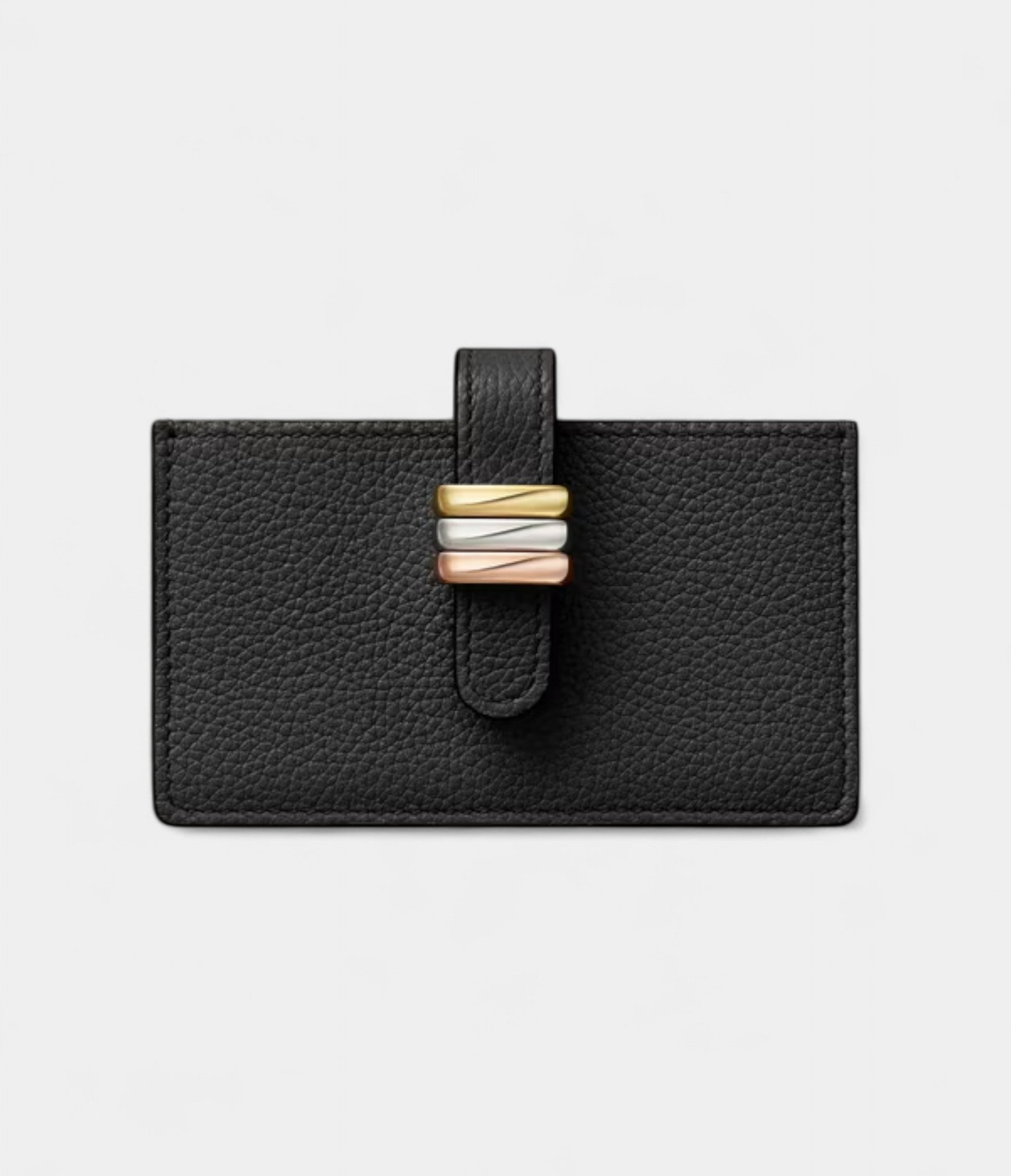 Trinity Accordion Card Holder Black Grained Calf Leather With Decorative Rings