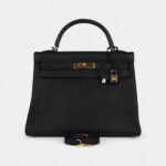 Vintage Hermes Kelly 32 Retourne Black Fjord Gold Hardware