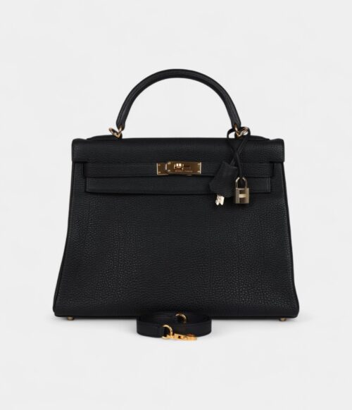 Vintage Hermes Kelly 32 Retourne Black Fjord Gold Hardware