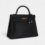 Vintage Hermes Kelly 32 Retourne Black Fjord Gold Hardware