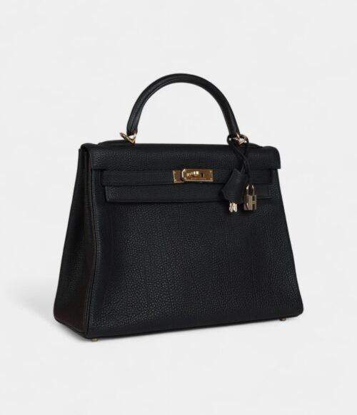 Vintage Hermes Kelly 32 Retourne Black Fjord Gold Hardware
