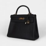 Vintage Hermes Kelly 32 Retourne Black Fjord Gold Hardware