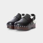 Hermès Leather Shearling-Lined Clog Mules with Adjustable Strap and Studded Wooden Sole