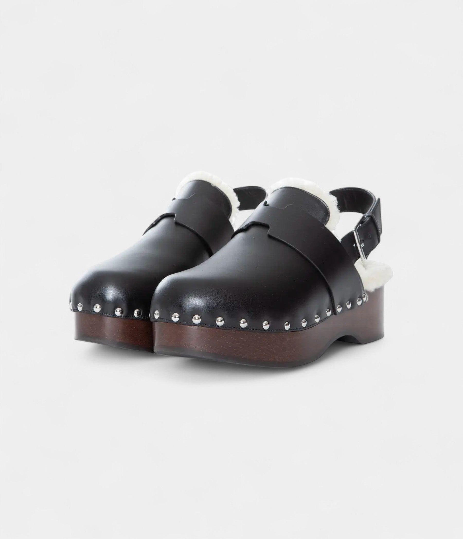 Hermès Leather Shearling-Lined Clog Mules with Adjustable Strap and Studded Wooden Sole