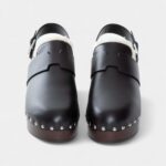 Hermès Leather Shearling-Lined Clog Mules with Adjustable Strap and Studded Wooden Sole
