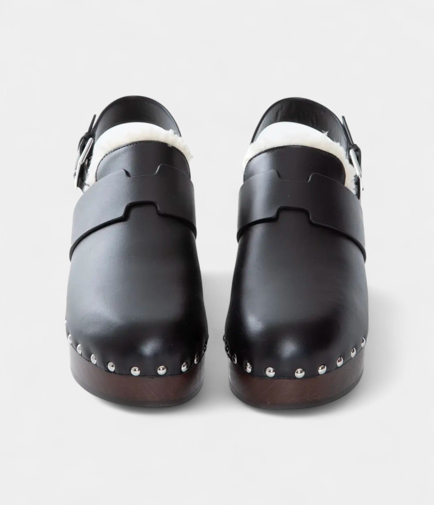 Hermès Leather Shearling-Lined Clog Mules with Adjustable Strap and Studded Wooden Sole