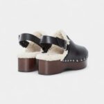 Hermès Leather Shearling-Lined Clog Mules with Adjustable Strap and Studded Wooden Sole