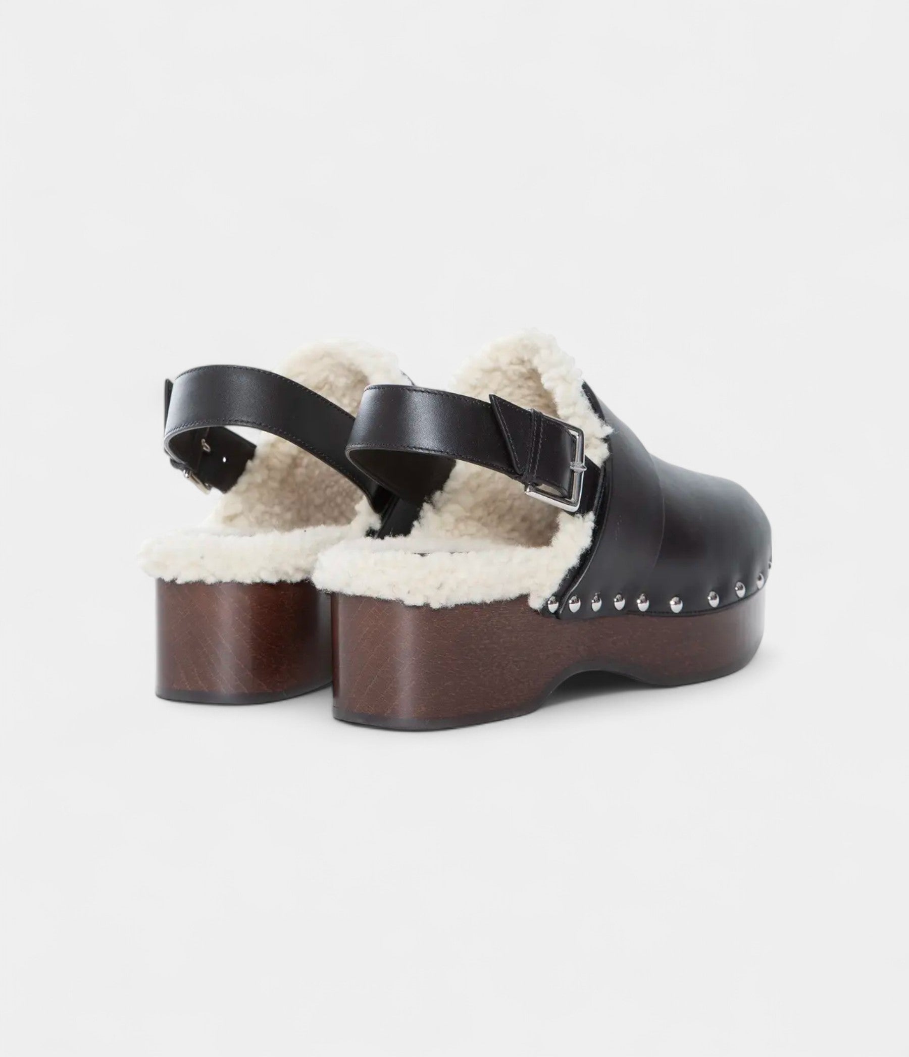 Hermès Leather Shearling-Lined Clog Mules with Adjustable Strap and Studded Wooden Sole