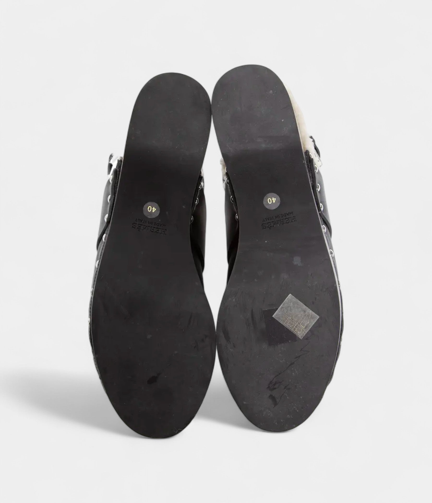 Hermès Leather Shearling-Lined Clog Mules with Adjustable Strap and Studded Wooden Sole